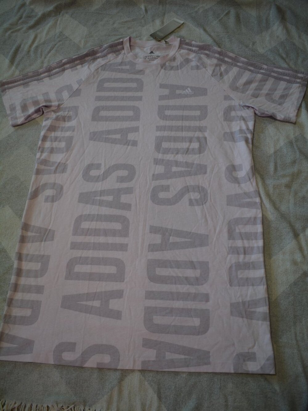 NWT Adidas Logo All Over Print Loose Fit T-Shirt Pink Lavender Pastel Large